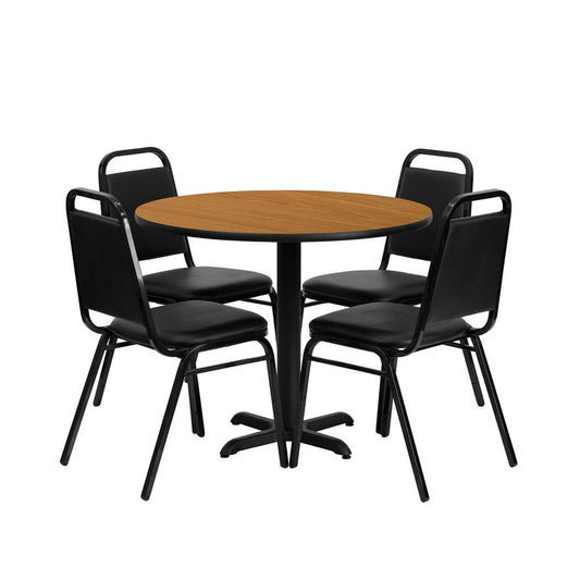 36'' Round Natural Laminate Table Set with X-Base and 4 Black Trapezoidal Back Banquet Chairs