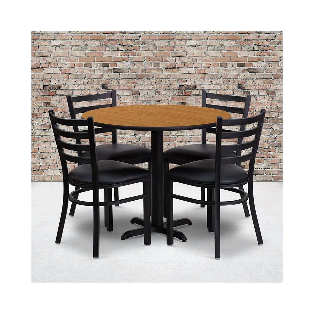 36'' Round Natural Laminate Table Set with X-Base and 4 Ladder Back Metal Chairs - Black Vinyl Seat