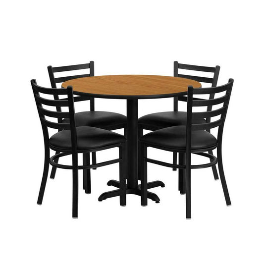 36'' Round Natural Laminate Table Set with X-Base and 4 Ladder Back Metal Chairs - Black Vinyl Seat