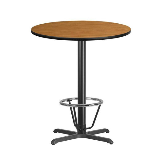 36'' Round Natural Laminate Table Top with 30'' x 30'' Bar Height Table Base and Foot Ring