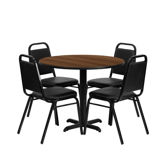 36'' Round Walnut Laminate Table Set with X-Base and 4 Black Trapezoidal Back Banquet Chairs