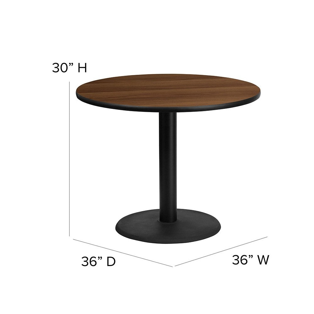 36'' Round Walnut Laminate Table Set with X-Base and 4 Black Trapezoidal Back Banquet Chairs