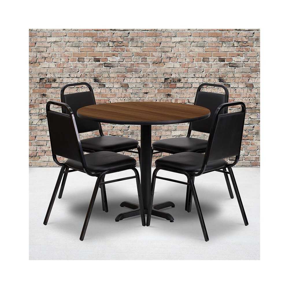36'' Round Walnut Laminate Table Set with X-Base and 4 Black Trapezoidal Back Banquet Chairs