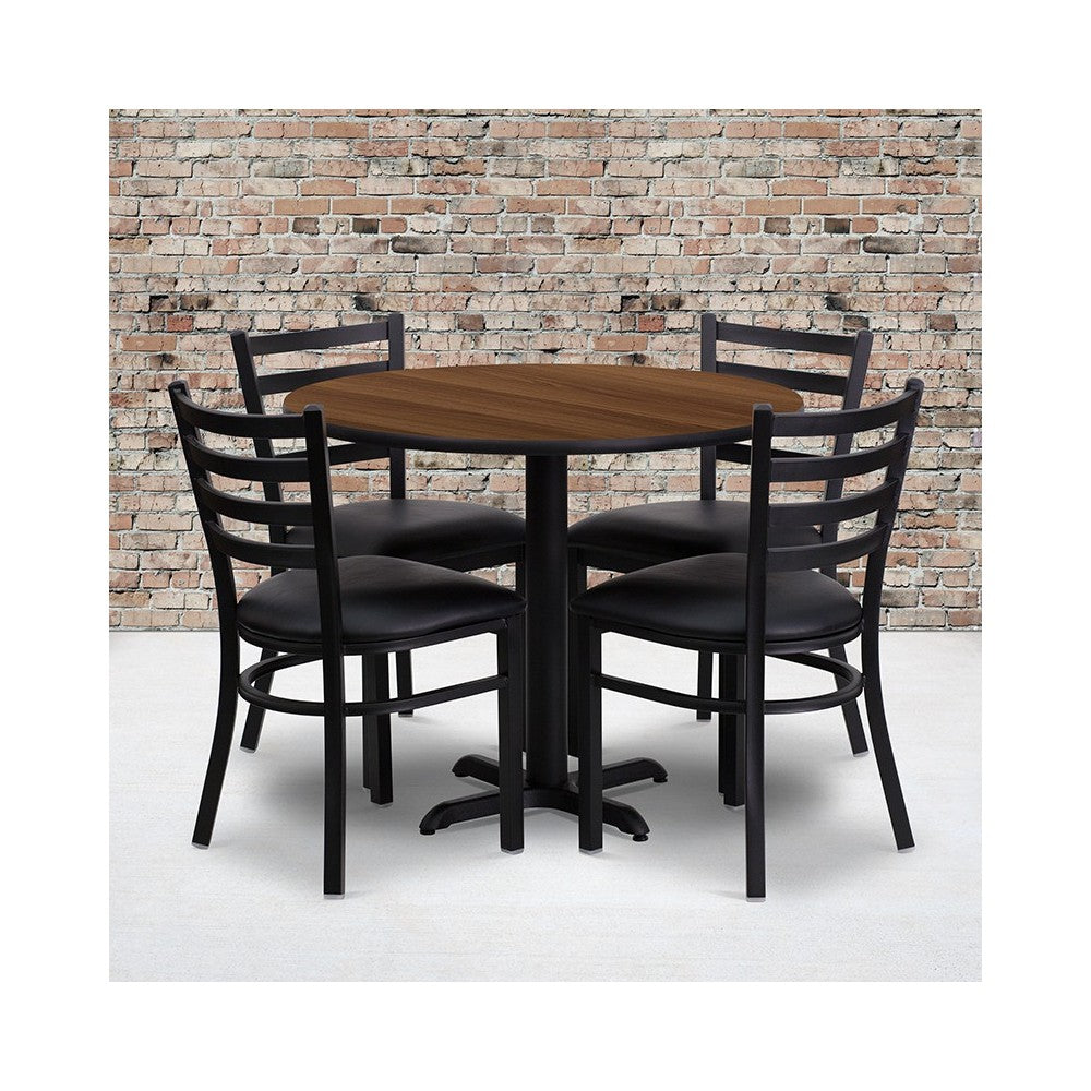 36'' Round Walnut Laminate Table Set with X-Base and 4 Ladder Back Metal Chairs - Black Vinyl Seat