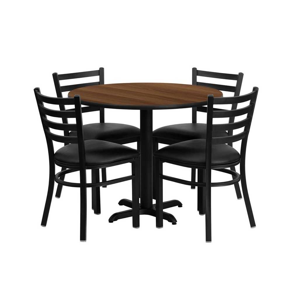 36'' Round Walnut Laminate Table Set with X-Base and 4 Ladder Back Metal Chairs - Black Vinyl Seat