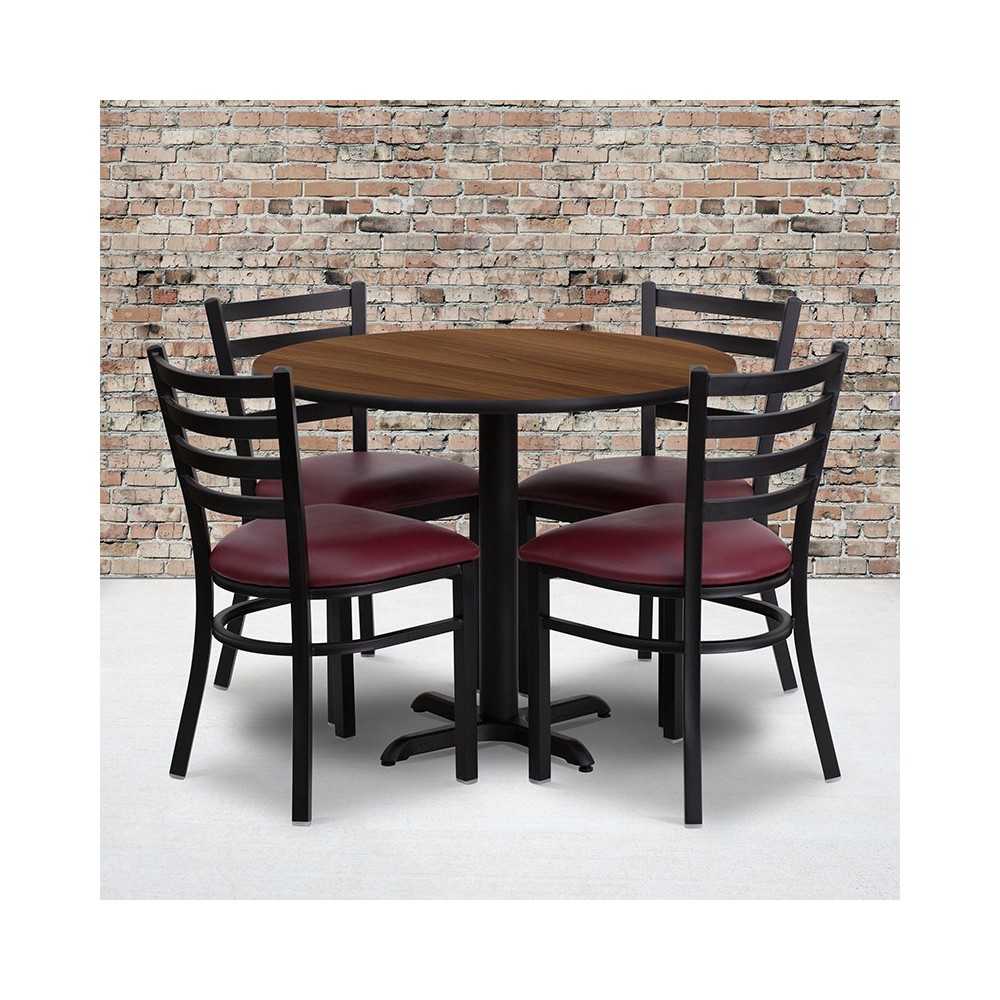 36'' Round Walnut Laminate Table Set with X-Base and 4 Ladder Back Metal Chairs - Burgundy Vinyl Seat