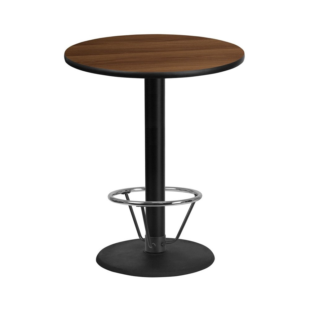 36'' Round Walnut Laminate Table Top with 24'' Round Bar Height Table Base and Foot Ring