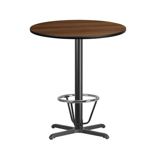 36'' Round Walnut Laminate Table Top with 30'' x 30'' Bar Height Table Base and Foot Ring