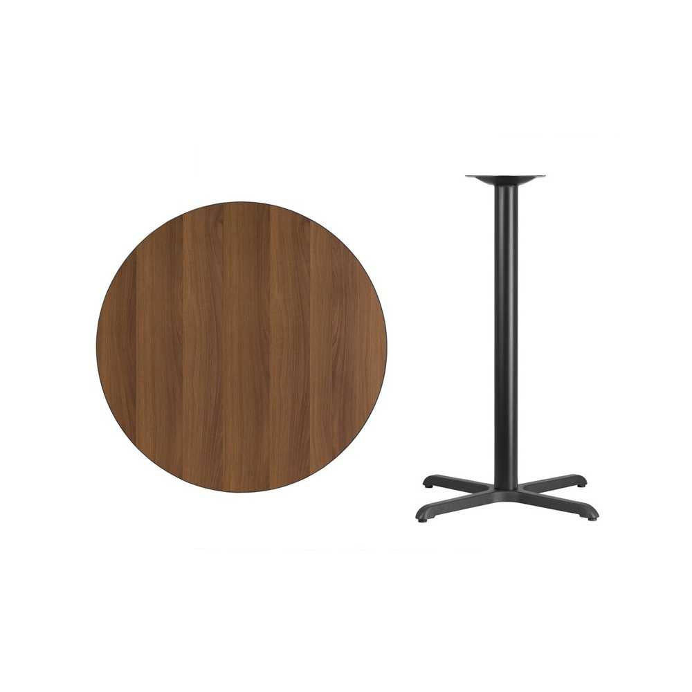 36'' Round Walnut Laminate Table Top with 30'' x 30'' Bar Height Table Base