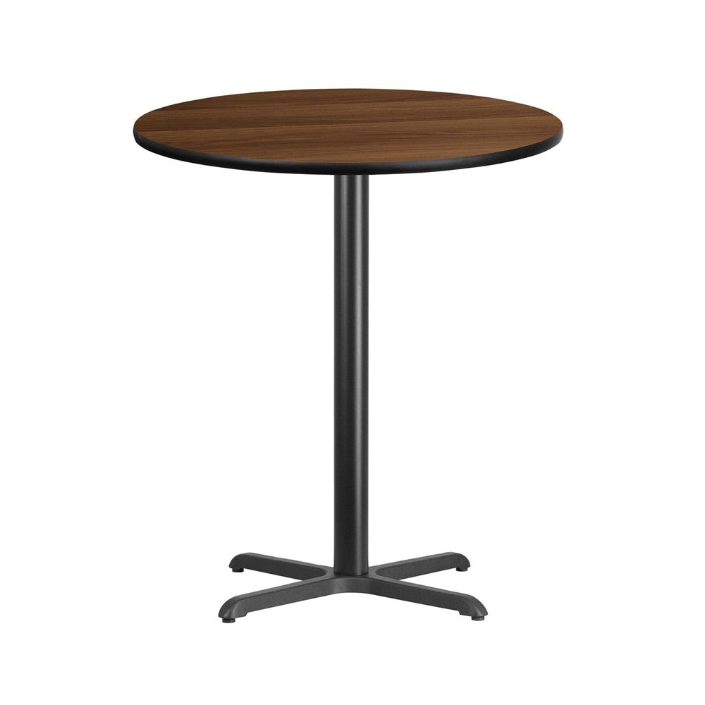 36'' Round Walnut Laminate Table Top with 30'' x 30'' Bar Height Table Base