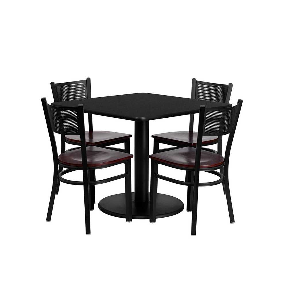 36'' Square Black Laminate Table Set with 4 Grid Back Metal Chairs - Mahogany Wood Seat