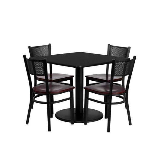 36'' Square Black Laminate Table Set with 4 Grid Back Metal Chairs - Mahogany Wood Seat