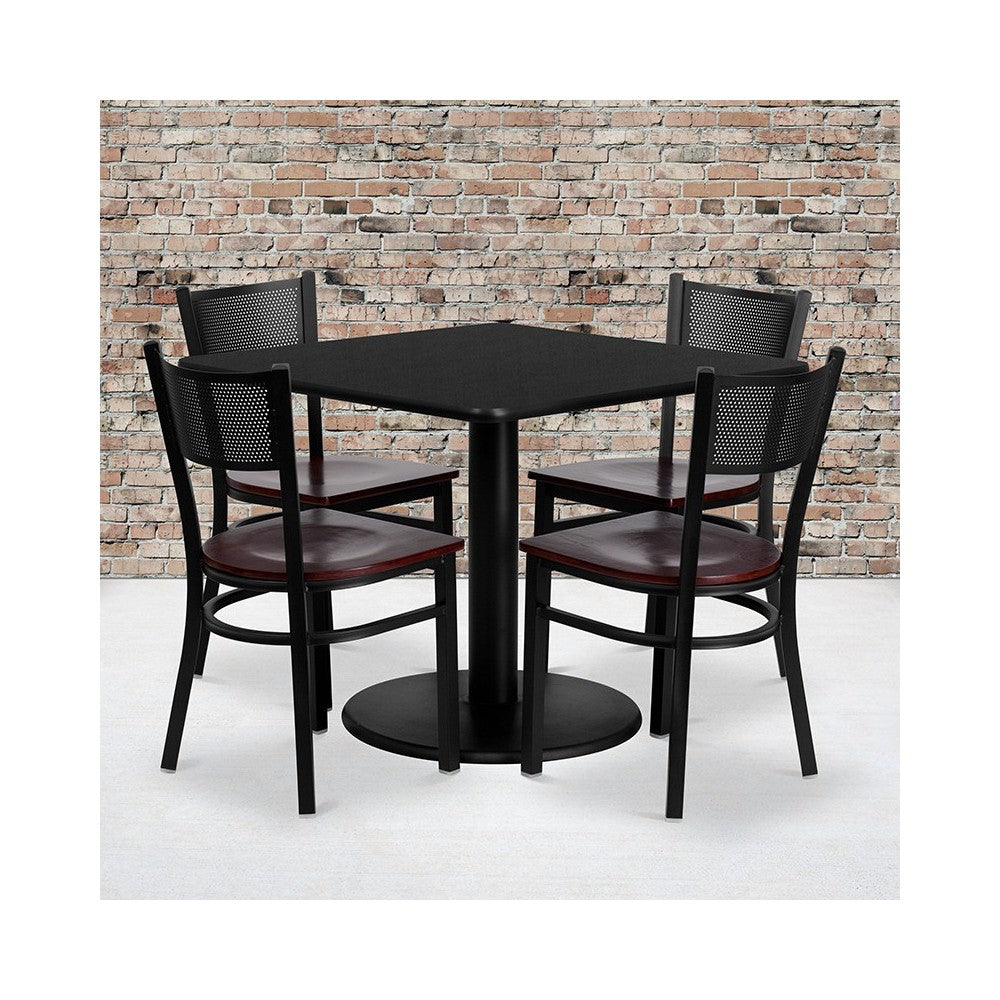 36'' Square Black Laminate Table Set with 4 Grid Back Metal Chairs - Mahogany Wood Seat