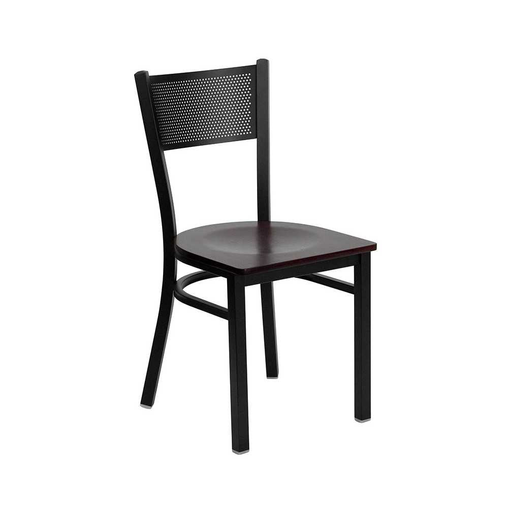 36'' Square Black Laminate Table Set with 4 Grid Back Metal Chairs - Mahogany Wood Seat