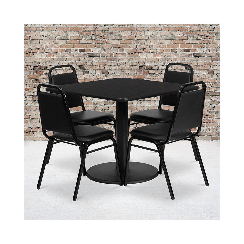 36'' Square Black Laminate Table Set with Round Base and 4 Black Trapezoidal Back Banquet Chairs