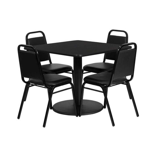 36'' Square Black Laminate Table Set with Round Base and 4 Black Trapezoidal Back Banquet Chairs