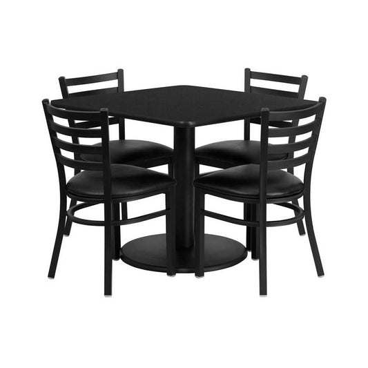 36'' Square Black Laminate Table Set with Round Base and 4 Ladder Back Metal Chairs - Black Vinyl Seat