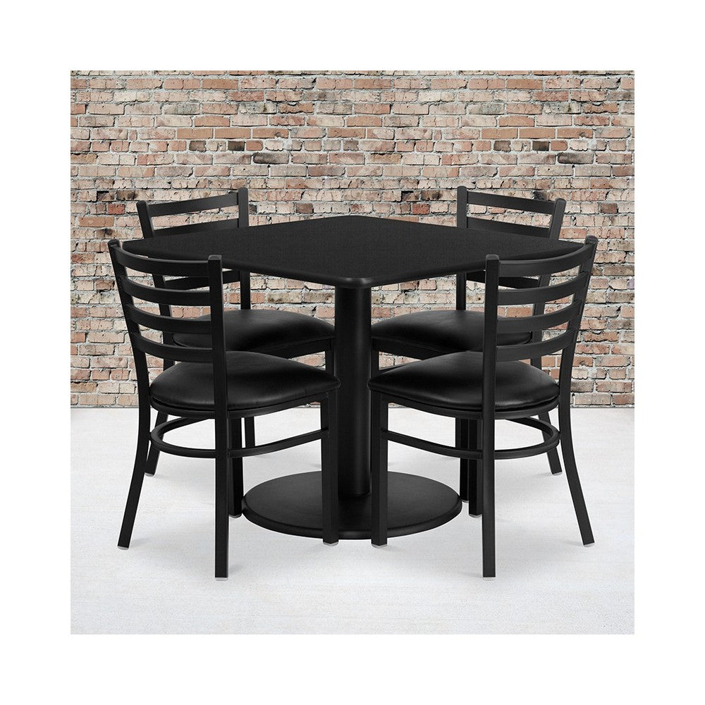 36'' Square Black Laminate Table Set with Round Base and 4 Ladder Back Metal Chairs - Black Vinyl Seat