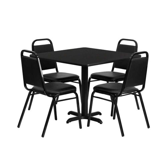 36'' Square Black Laminate Table Set with X-Base and 4 Black Trapezoidal Back Banquet Chairs