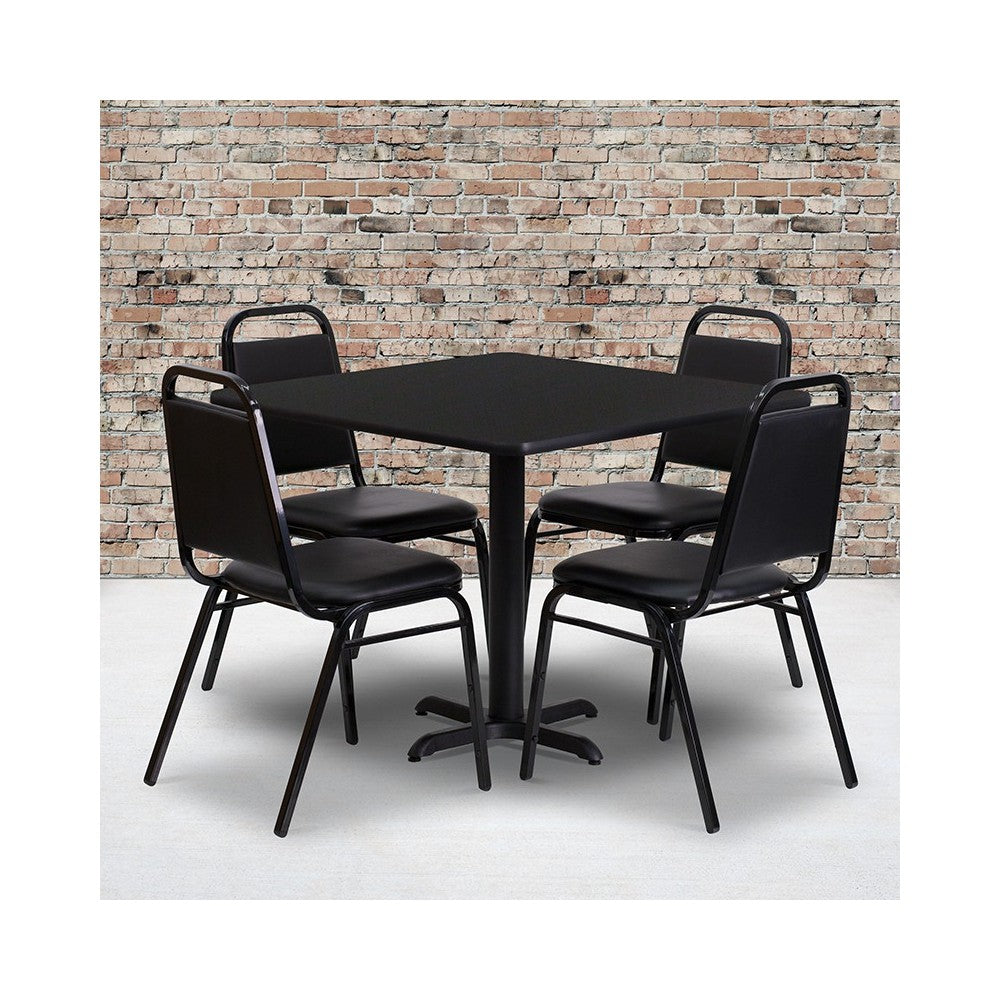 36'' Square Black Laminate Table Set with X-Base and 4 Black Trapezoidal Back Banquet Chairs