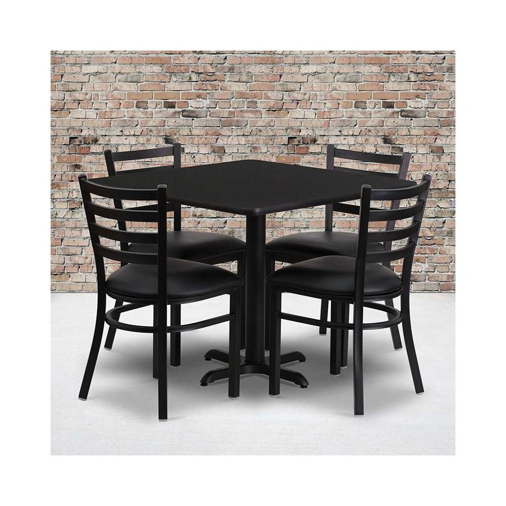 36'' Square Black Laminate Table Set with X-Base and 4 Ladder Back Metal Chairs - Black Vinyl Seat