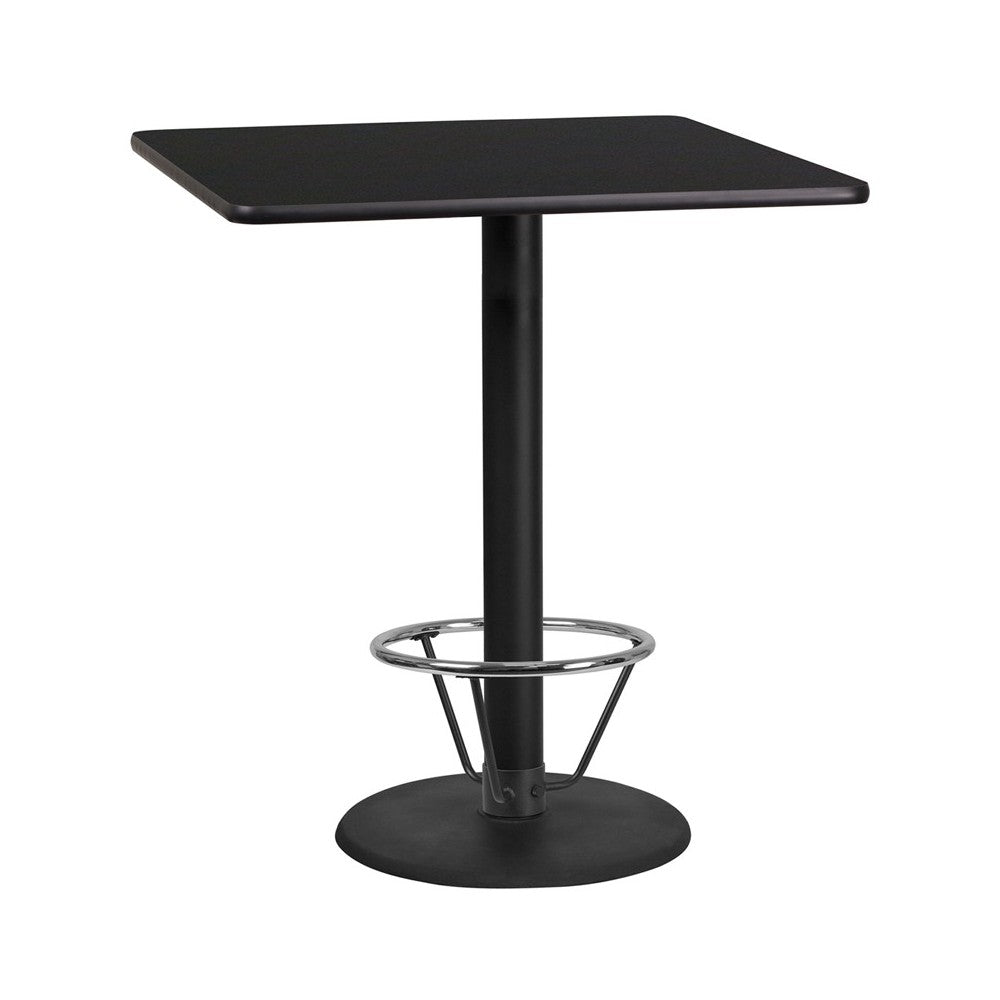 36'' Square Black Laminate Table Top with 24'' Round Bar Height Table Base and Foot Ring