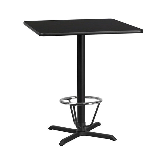 36'' Square Black Laminate Table Top with 30'' x 30'' Bar Height Table Base and Foot Ring
