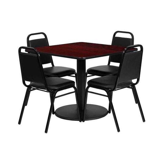 36'' Square Mahogany Laminate Table Set with Round Base and 4 Black Trapezoidal Back Banquet Chairs