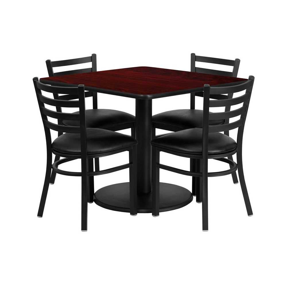 36'' Square Mahogany Laminate Table Set with Round Base and 4 Ladder Back Metal Chairs - Black Vinyl Seat