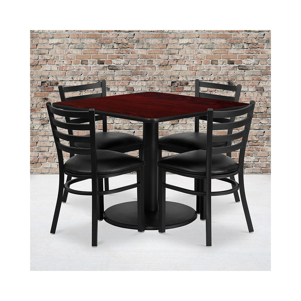 36'' Square Mahogany Laminate Table Set with Round Base and 4 Ladder Back Metal Chairs - Black Vinyl Seat