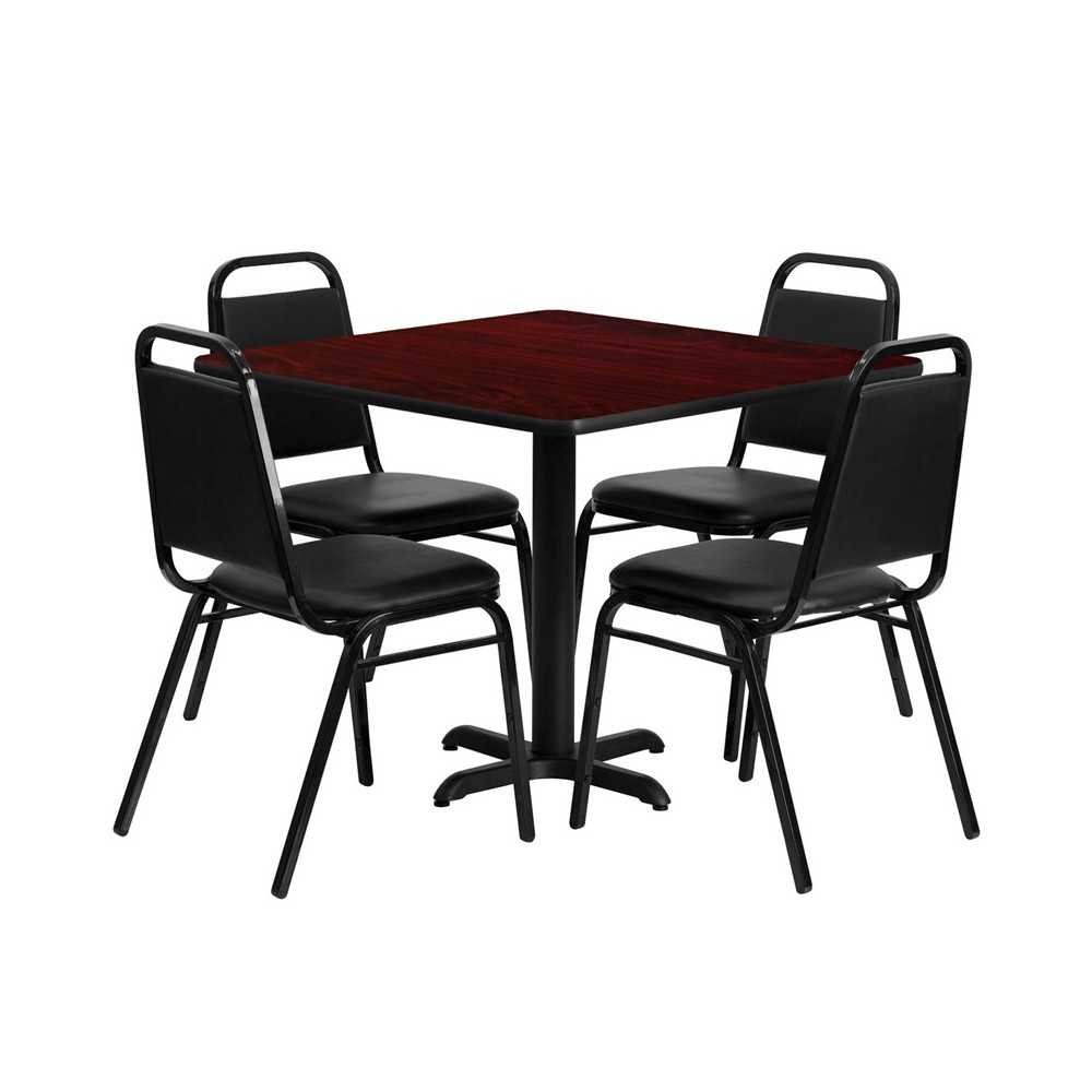 36'' Square Mahogany Laminate Table Set with X-Base and 4 Black Trapezoidal Back Banquet Chairs