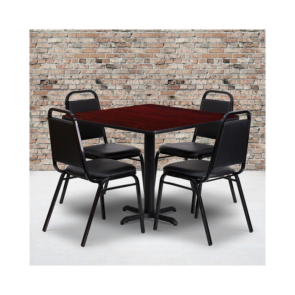 36'' Square Mahogany Laminate Table Set with X-Base and 4 Black Trapezoidal Back Banquet Chairs