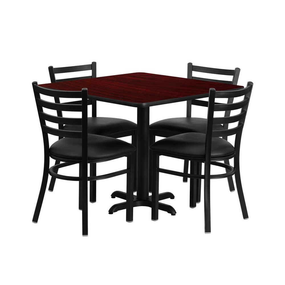 36'' Square Mahogany Laminate Table Set with X-Base and 4 Ladder Back Metal Chairs - Black Vinyl Seat