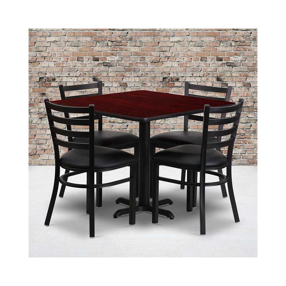 36'' Square Mahogany Laminate Table Set with X-Base and 4 Ladder Back Metal Chairs - Black Vinyl Seat