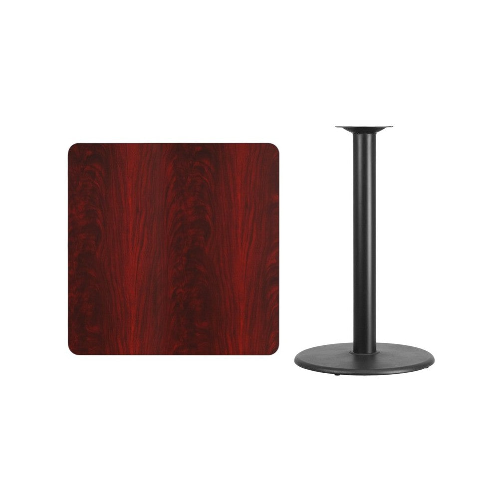 36'' Square Mahogany Laminate Table Top with 24'' Round Bar Height Table Base