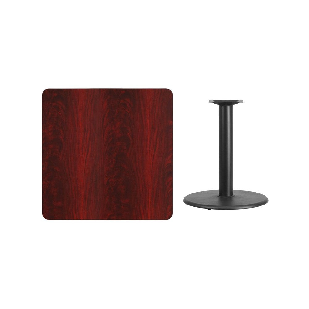 36'' Square Mahogany Laminate Table Top with 24'' Round Table Height Base