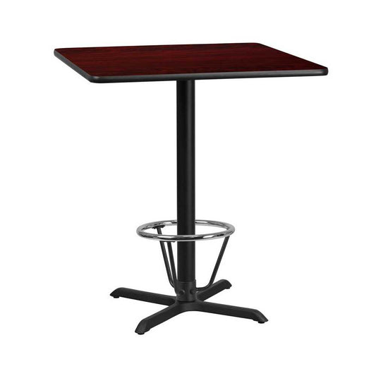 36'' Square Mahogany Laminate Table Top with 30'' x 30'' Bar Height Table Base and Foot Ring