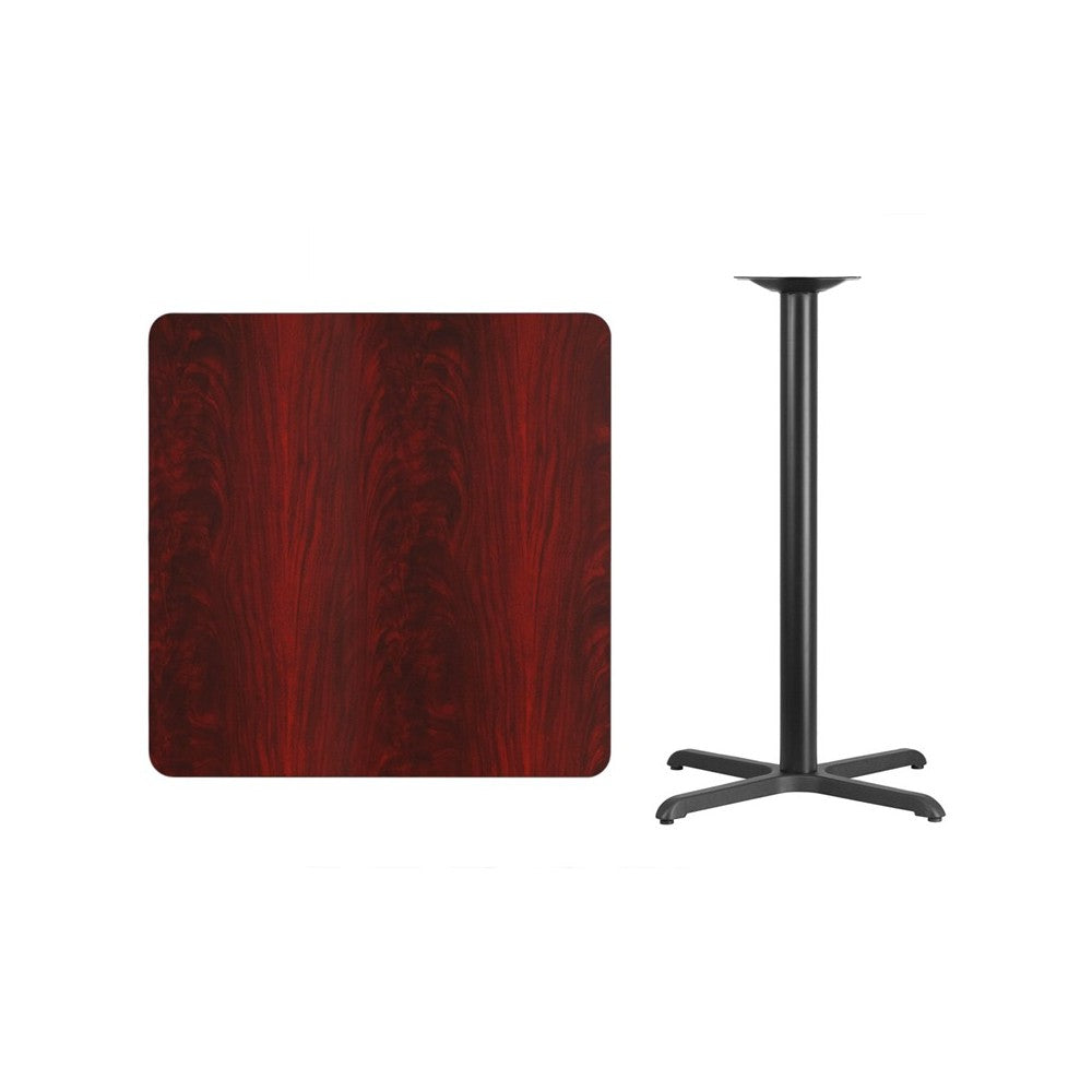 36'' Square Mahogany Laminate Table Top with 30'' x 30'' Bar Height Table Base