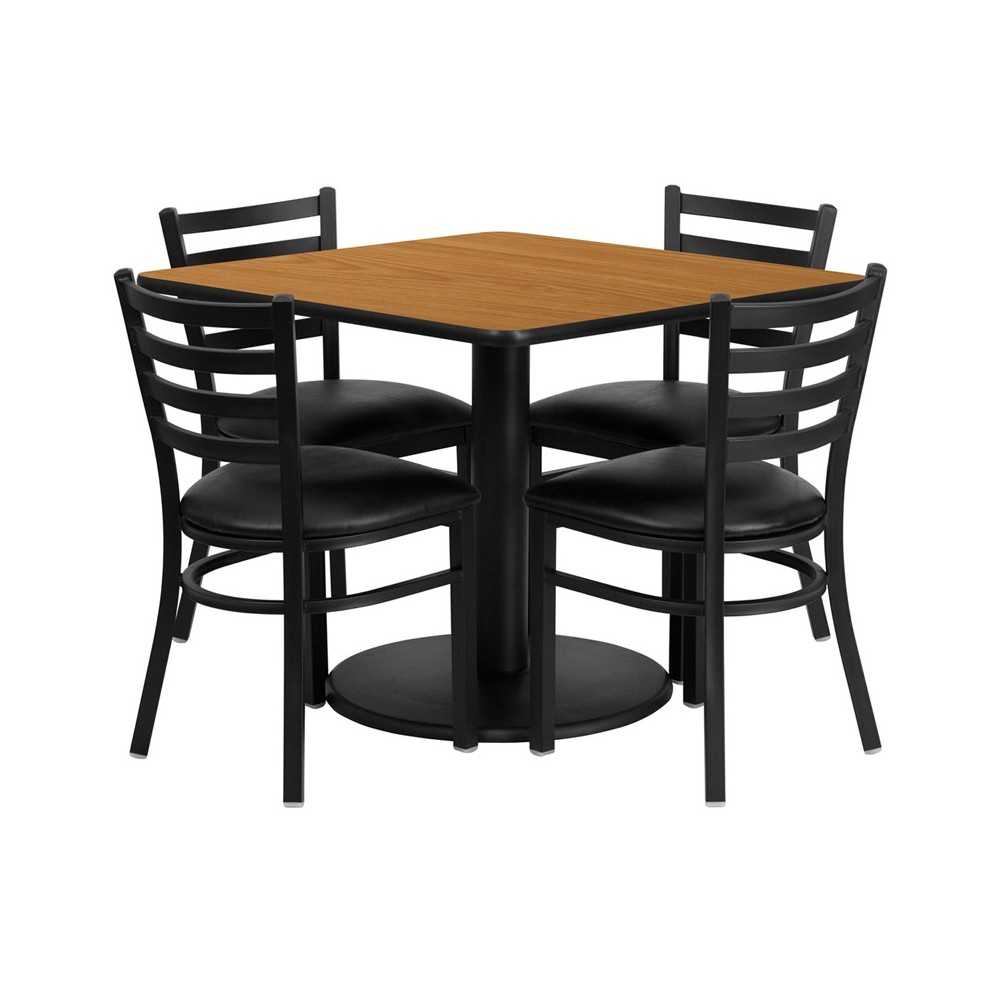 36'' Square Natural Laminate Table Set with Round Base and 4 Ladder Back Metal Chairs - Black Vinyl Seat