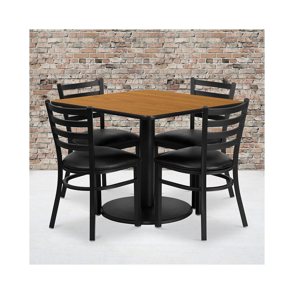 36'' Square Natural Laminate Table Set with Round Base and 4 Ladder Back Metal Chairs - Black Vinyl Seat