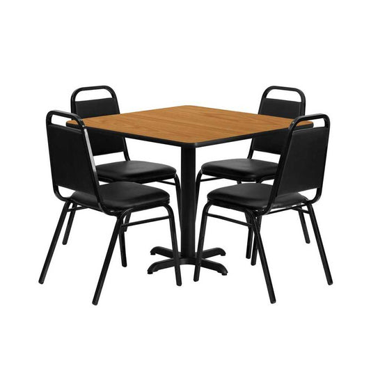 36'' Square Natural Laminate Table Set with X-Base and 4 Black Trapezoidal Back Banquet Chairs