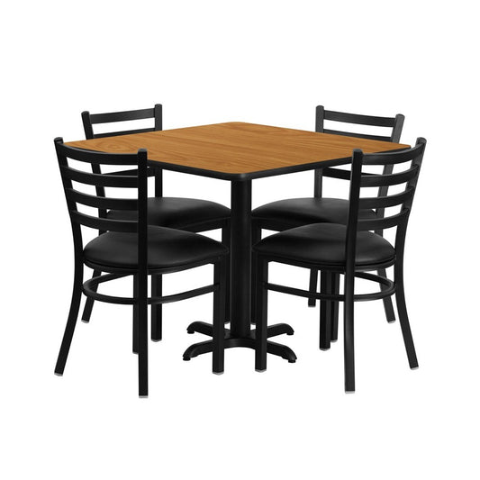 36'' Square Natural Laminate Table Set with X-Base and 4 Ladder Back Metal Chairs - Black Vinyl Seat