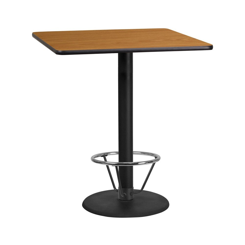 36'' Square Natural Laminate Table Top with 24'' Round Bar Height Table Base and Foot Ring