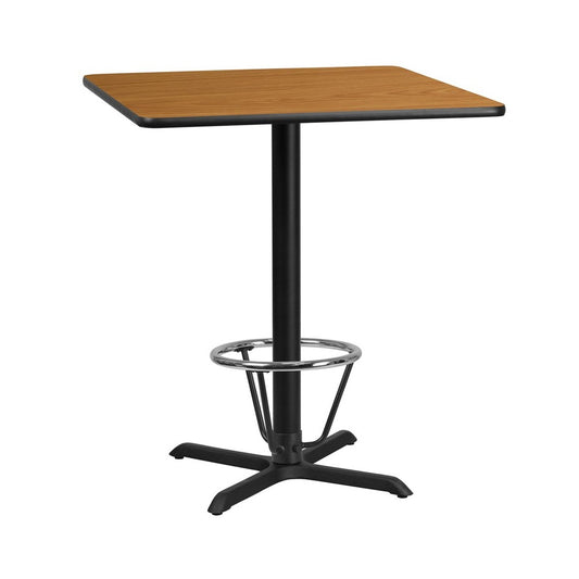36'' Square Natural Laminate Table Top with 30'' x 30'' Bar Height Table Base and Foot Ring