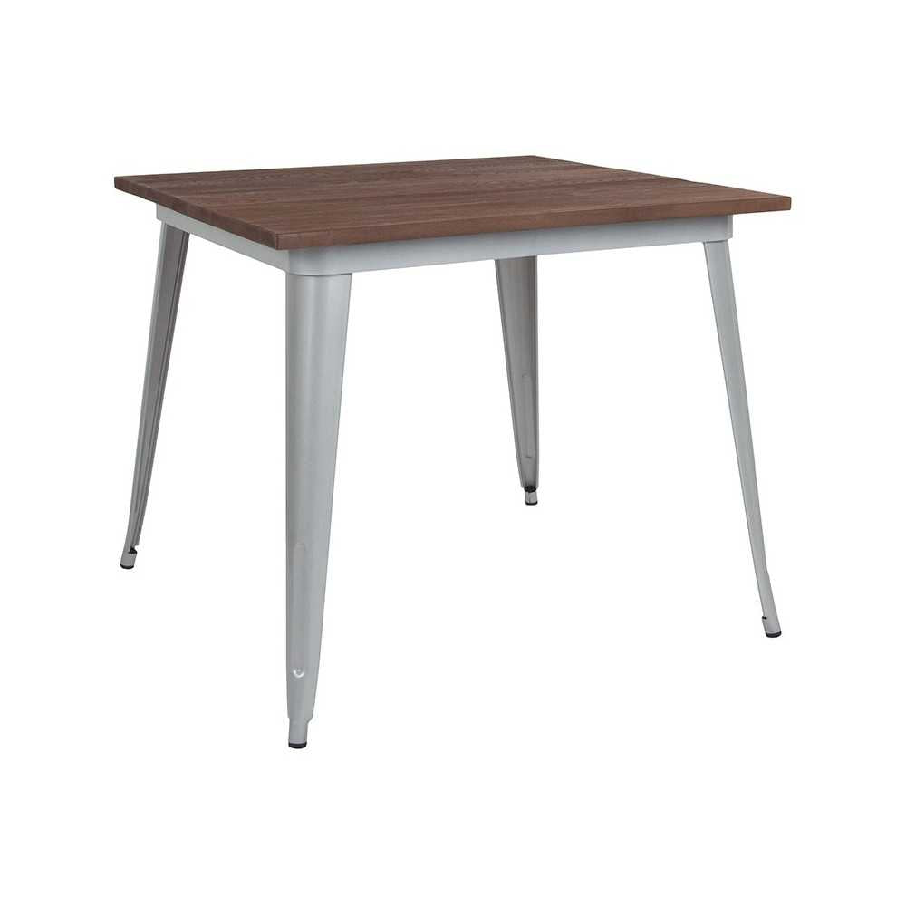 36" Square Silver Metal Indoor Table with Walnut Rustic Wood Top