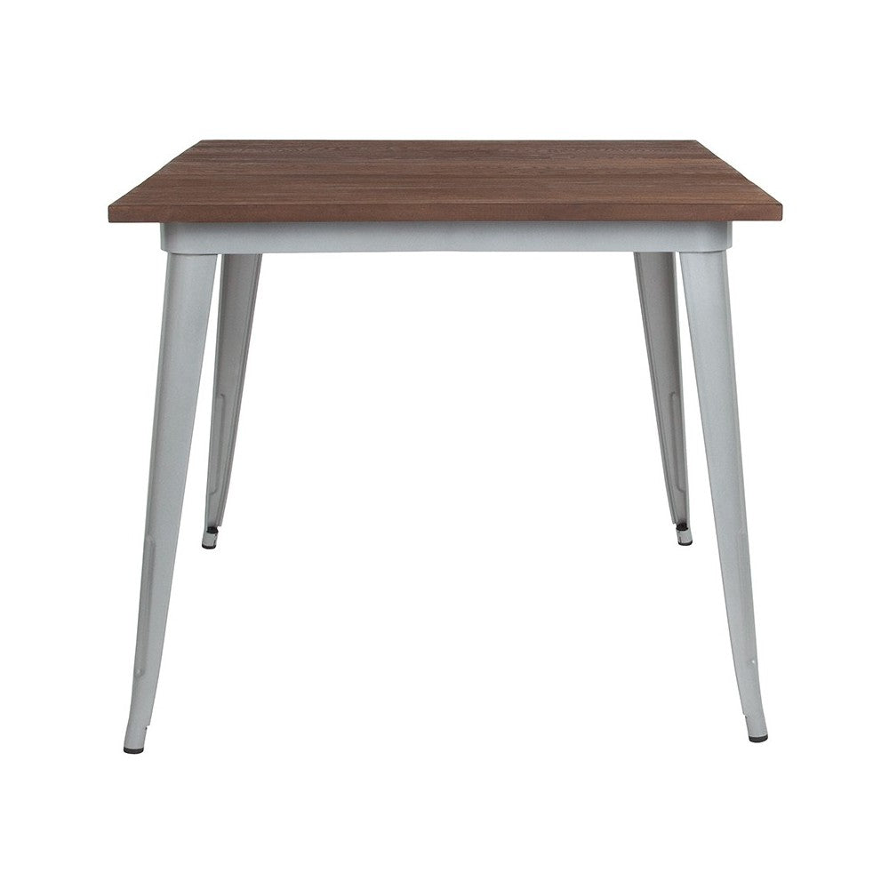 36" Square Silver Metal Indoor Table with Walnut Rustic Wood Top