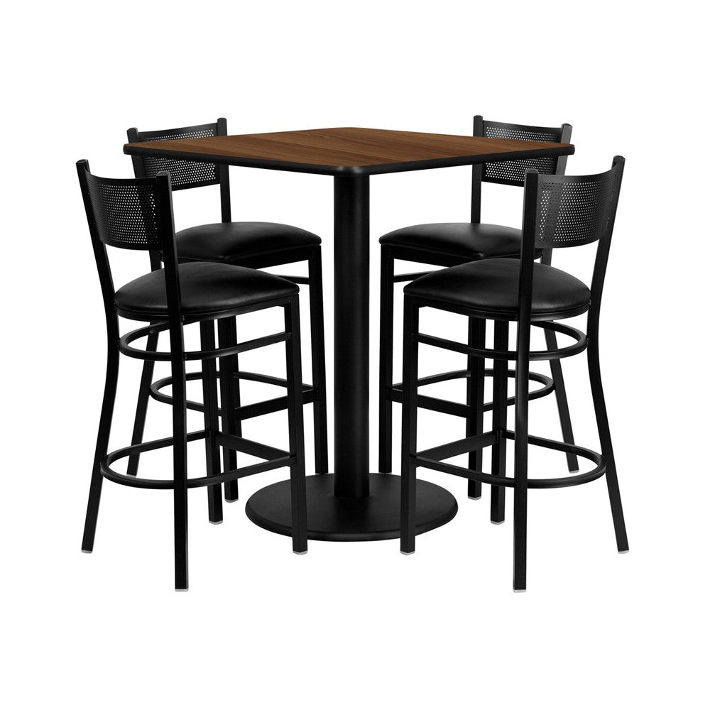 36'' Square Walnut Laminate Table Set with 4 Grid Back Metal Barstools - Black Vinyl Seat