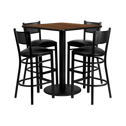 36'' Square Walnut Laminate Table Set with 4 Grid Back Metal Barstools - Black Vinyl Seat