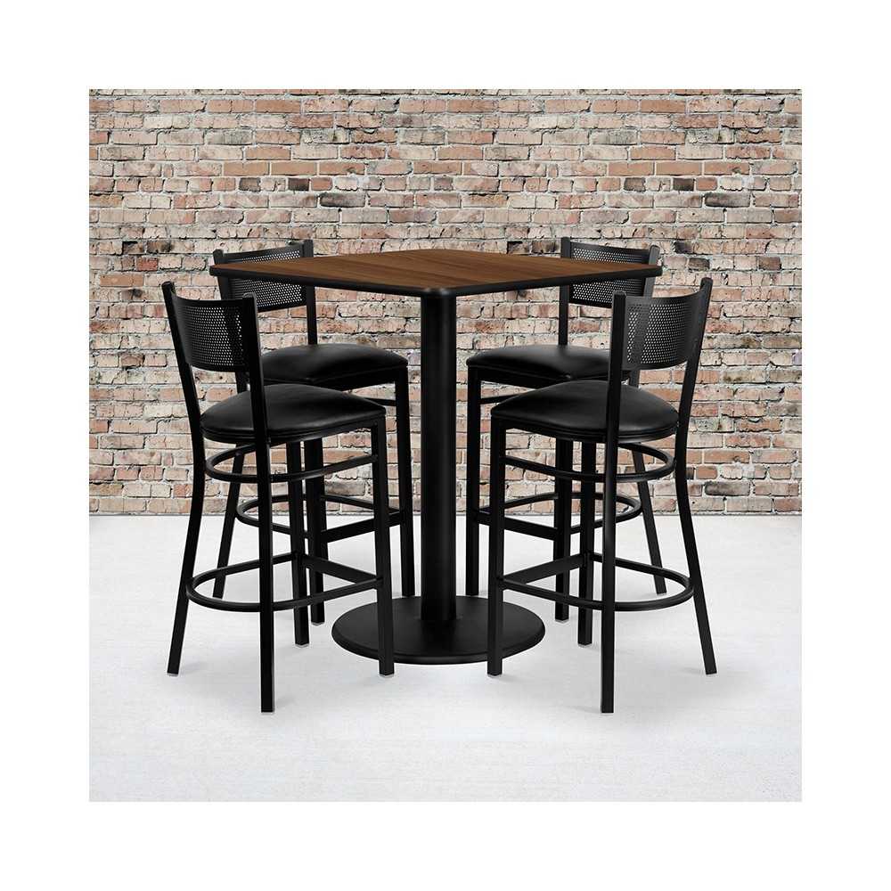 36'' Square Walnut Laminate Table Set with 4 Grid Back Metal Barstools - Black Vinyl Seat