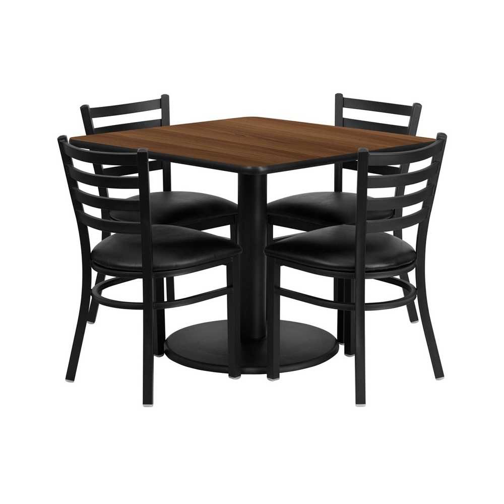 36'' Square Walnut Laminate Table Set with Round Base and 4 Ladder Back Metal Chairs - Black Vinyl Seat